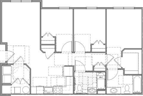 Floor plan for 3 beds, 2 baths, 1104 sqft